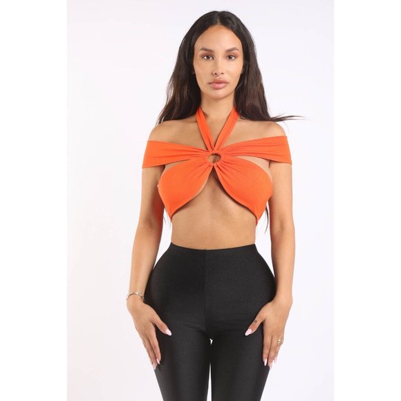 Boutique Tops - Womens Off Shoulder Ruched O-Ring Cutout Self-Tie Halter Crop Top Black & Orange